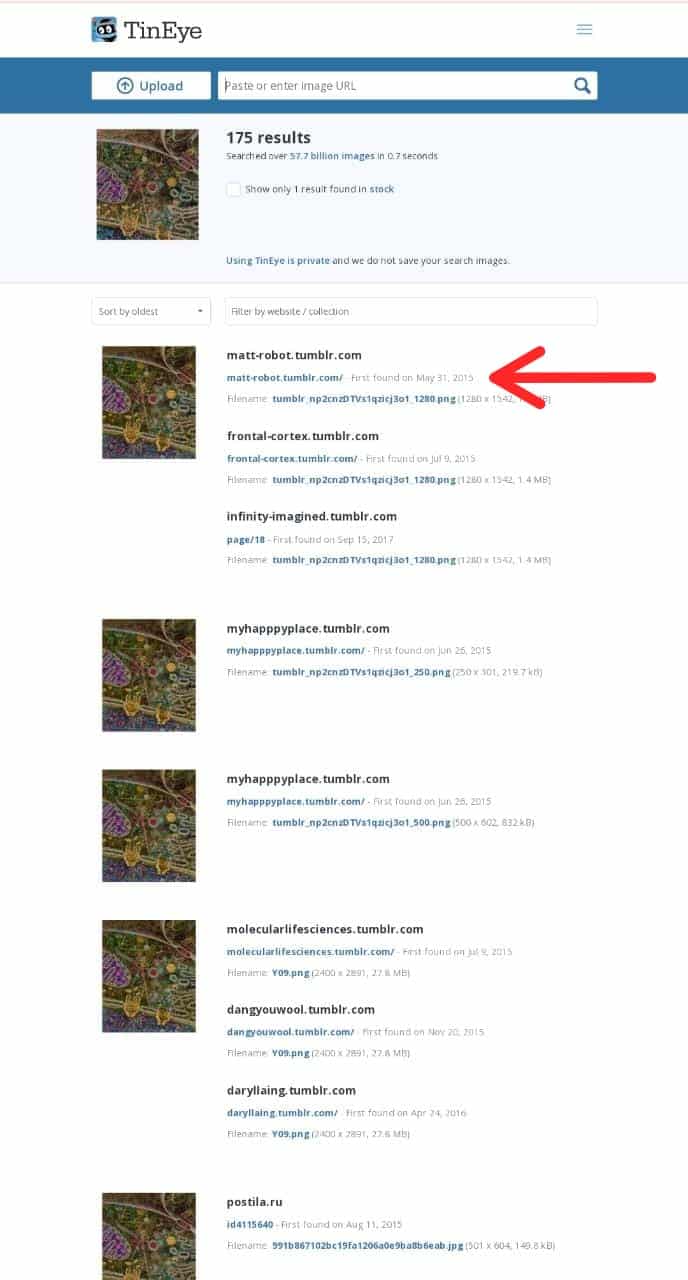 البحث عن الصورة في موقع TinEye