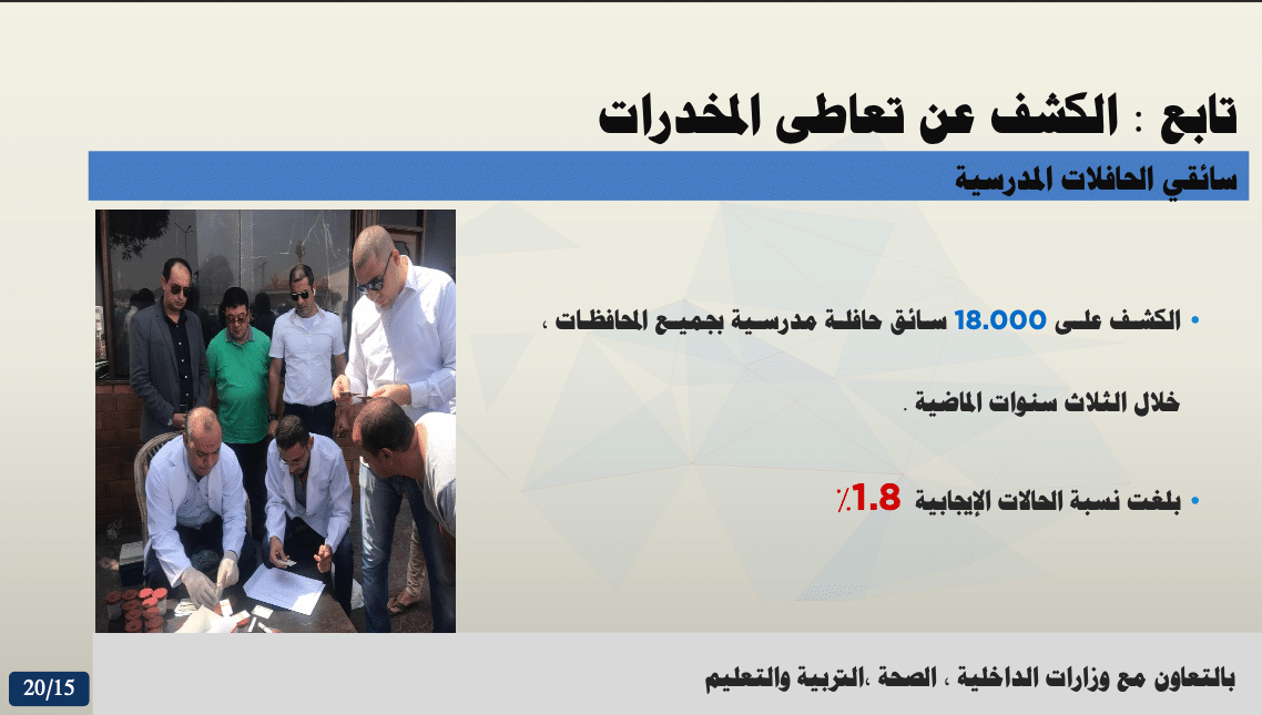 الحكومة حققت إنجاز ملموس في مكافحة التعاطي بين سائقي المدارس