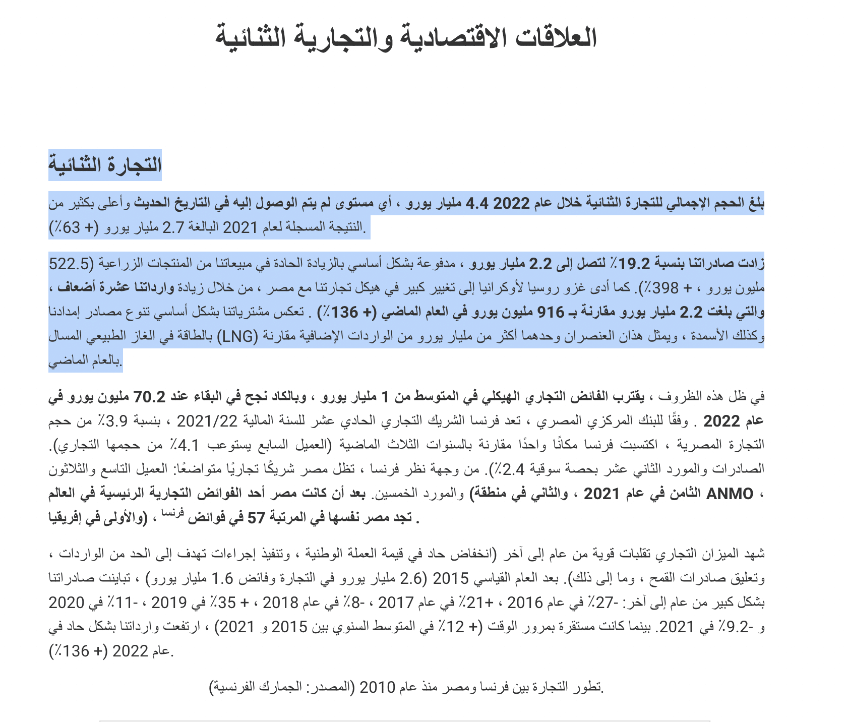     وزارة الاقتصاد الفرنسية - التبادل التجاري مع مصر