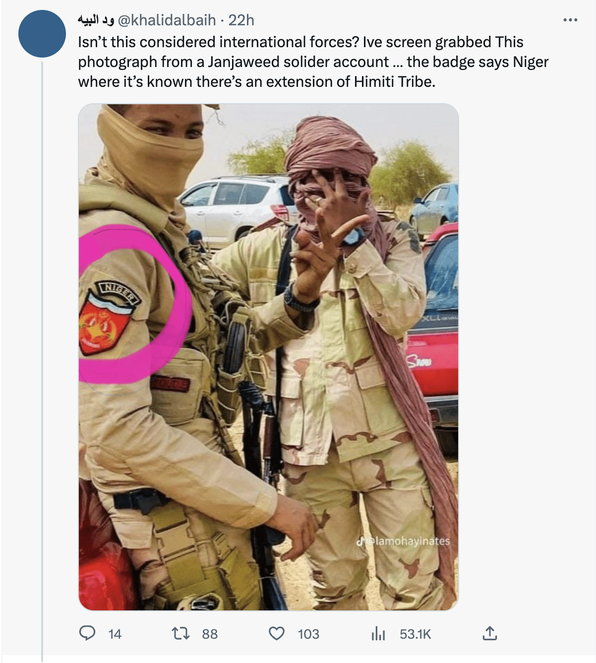 منشورات لحسابات سودانية حول مسلح من النيجر