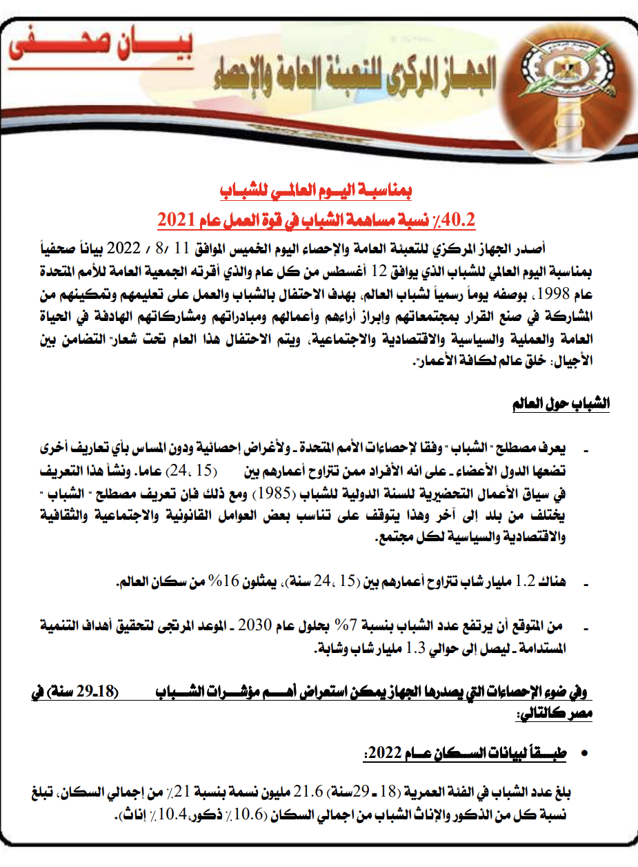 بيان المركزي للإحصاء بشأن نسبة الشباب