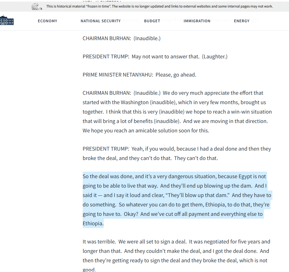 تصريحات الرئيس الأمريكي عن إثيوبيا 