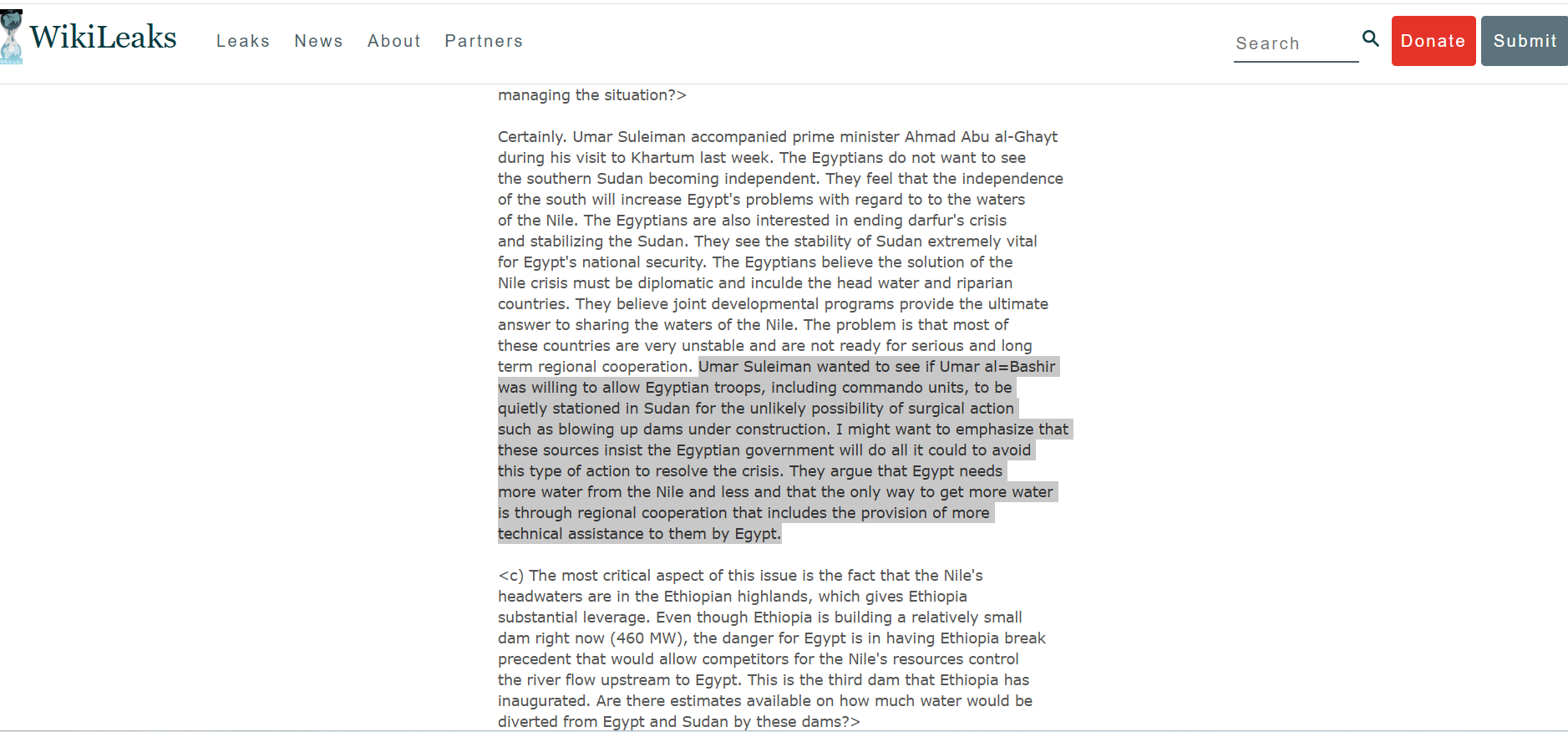 وثيقة مسربة من موقع ويكيليكس بشأن سد النهضة