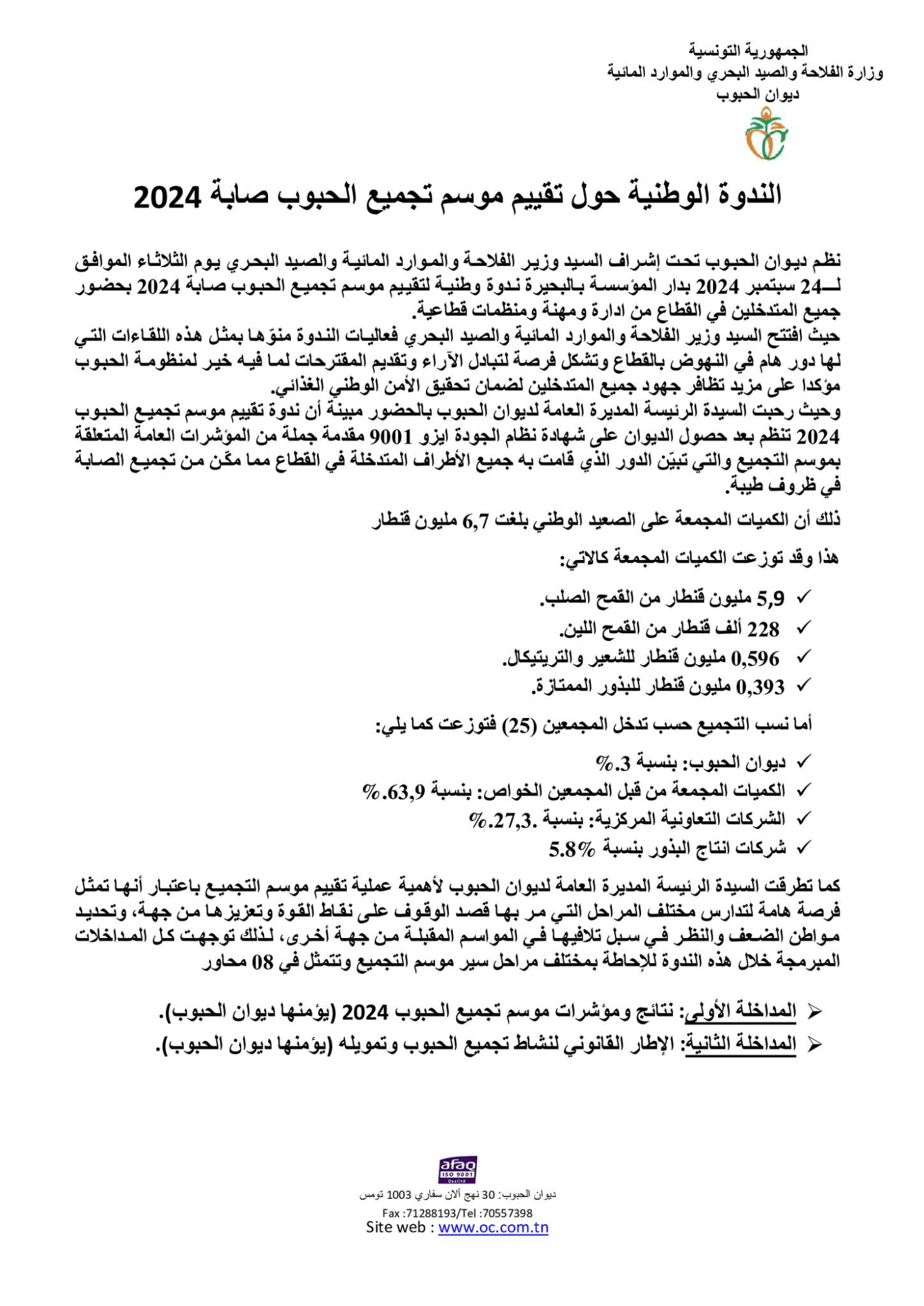 كميّات الحبوب المجمّعة في 2024