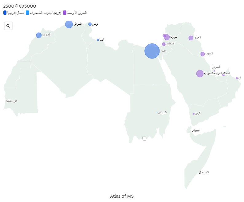 خريطة انتشار مرض التصلب اللويحي في العالم العربي لسنة  2023. بعض الدول لا تتوفر بياناتها