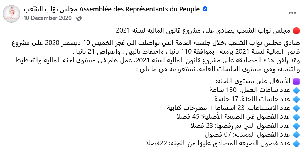 البرلمان التونسي يصادق على قانون الماليّة لسنة 2021