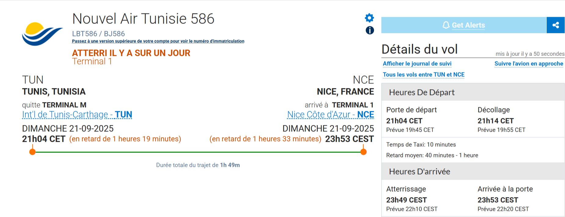 الرحلة BJ586 من تونس قرطاج الدولي إلى نيس