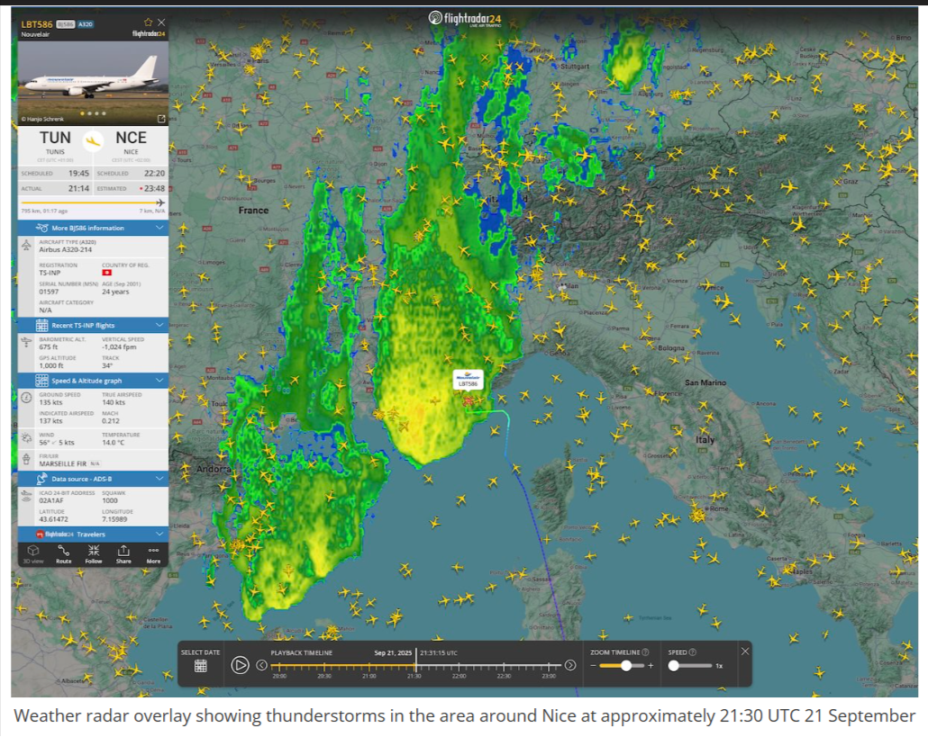 الرادار الجوي يلتقط وجود عواصف رعدية بمدينة نيس وقت هبوط الرحلة BJ586 