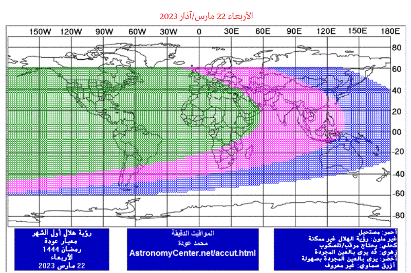 خارطة تقسم مناطق الكرة الأرضية حسب الطريقة التي يمكن خلالها رؤية هلال رمضان منها