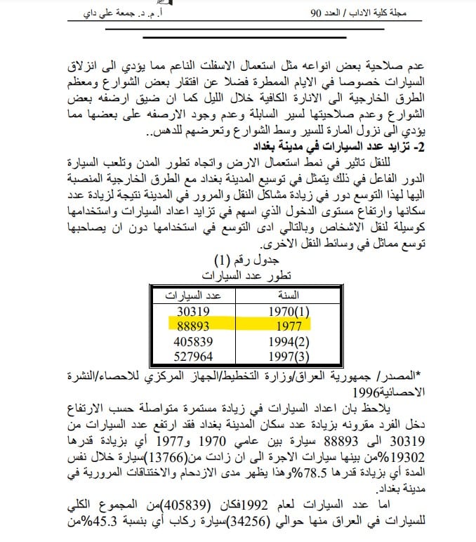 أعداد السيارات في بغداد بين 1970 و1997