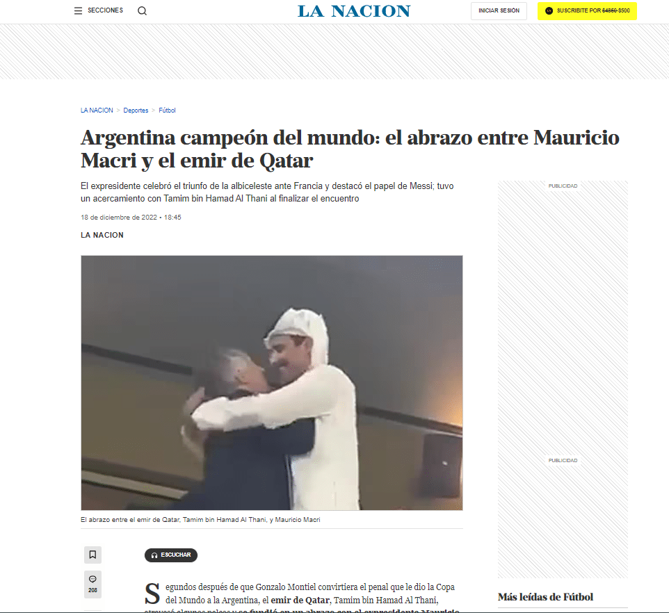 أمير قطر يعانق الرئيس الأرجنتيني السابق بحسب صحيفة لا ناسيون الأرجنتينية 