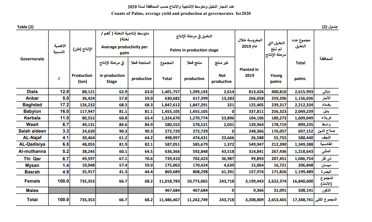 إجمالي أعداد النخيل في العراق لعام 2020