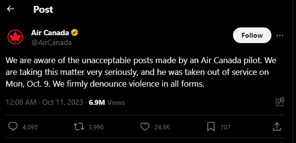 إعلان شركة أير كندا عبر حسابها الرسمي على موقع إكس