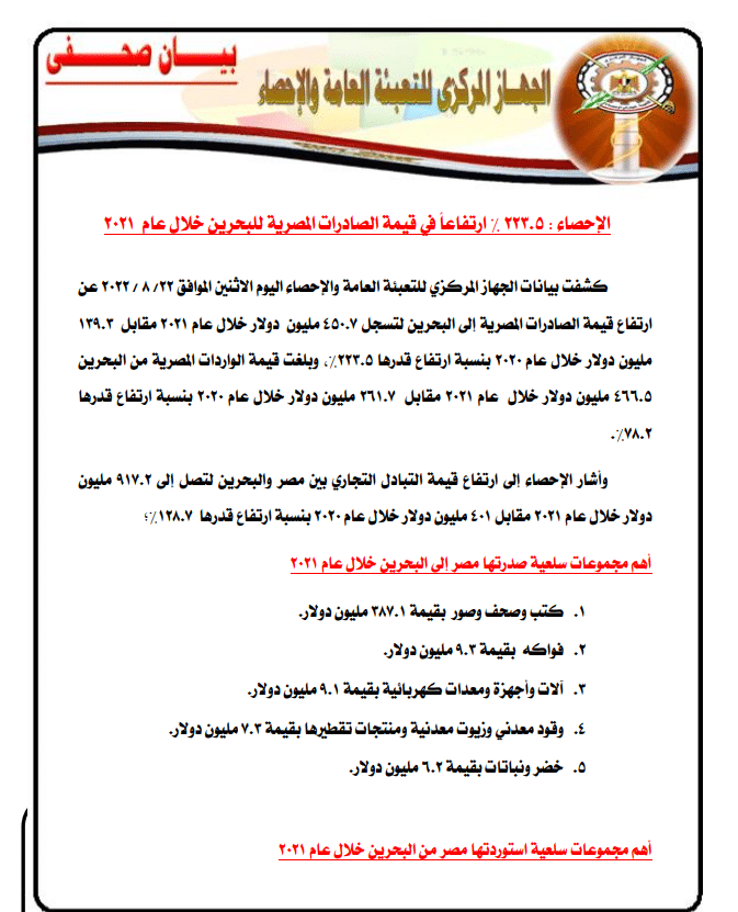 بيانات المركزي للإحصاء عن التبادل التجاري