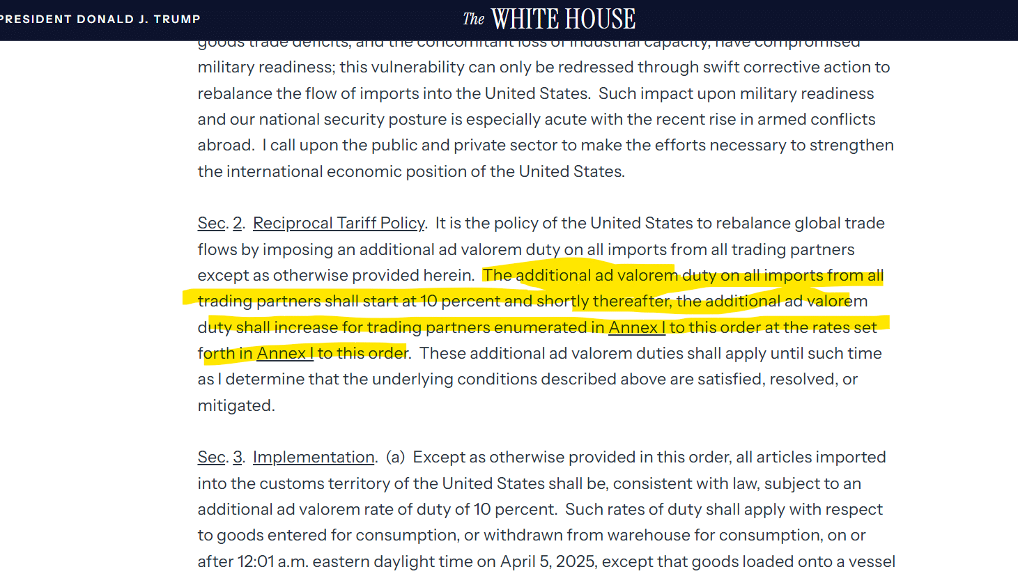 الأمر التنفيذي لترامب لتطبيق نوعين من التعريفات الجمركية
