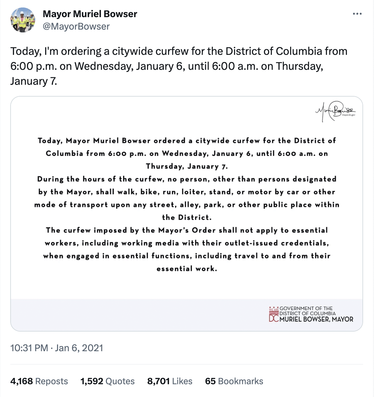 بيان عمدة واشنطن بشأن حظر التجوال