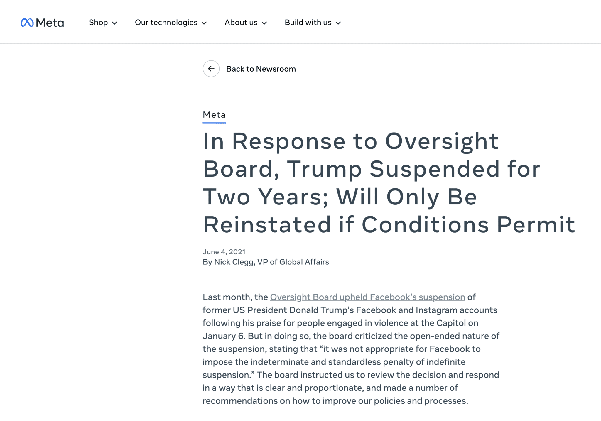 بيان فيسبوك عن تعليق حساب ترامب لعامين