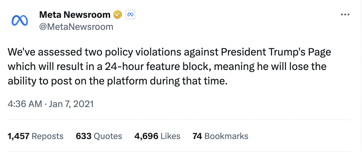 بيان فيسبوك عن تعليق حساب ترامب لـ24 ساعة