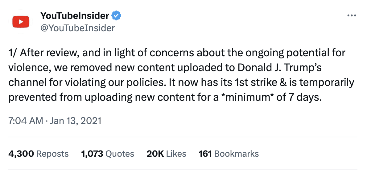 بيان يوتيوب بإزالة محتوى قناة ترامب