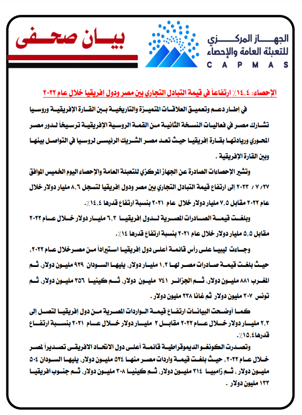 بيانات الإحصاء عن التبادل التجاري بين مصر والدول الإفريقية