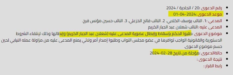 تاريخ تأجيل دعوى إنهاء عضوية شعلان الكريم من البرلمان