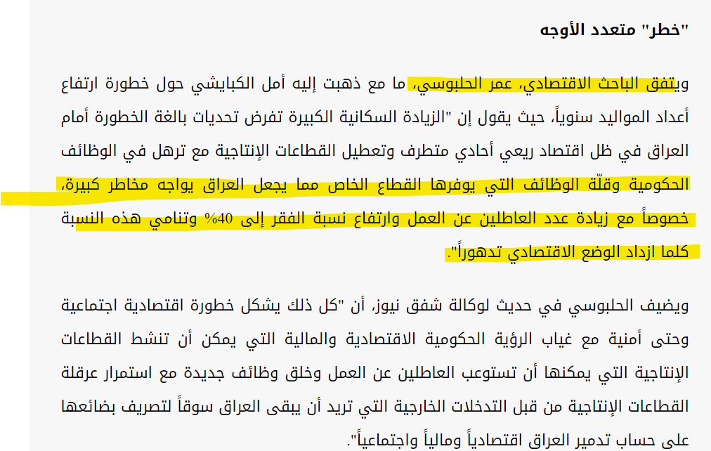 تصريح الباحث عمر الحلبوسي عن نسبة الفقر في العراق