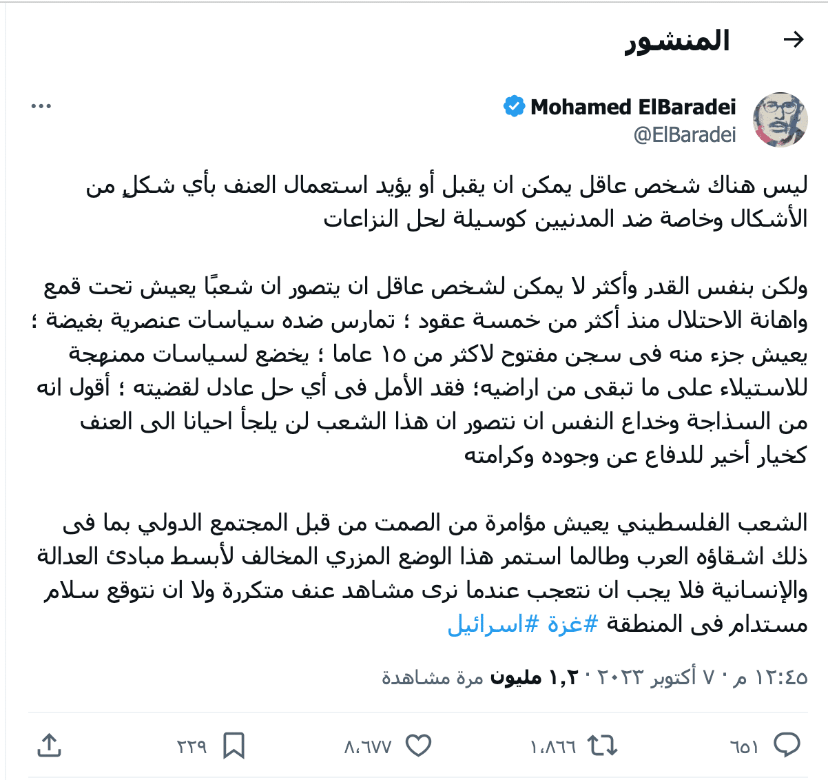 تصريح البرادعي بشأن أحداث غزة