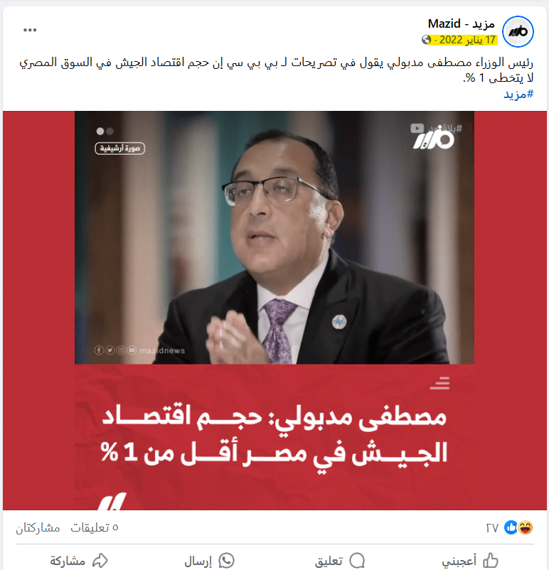 تصريح مدبولي عن حجم اقتصاد الجيش في 2022