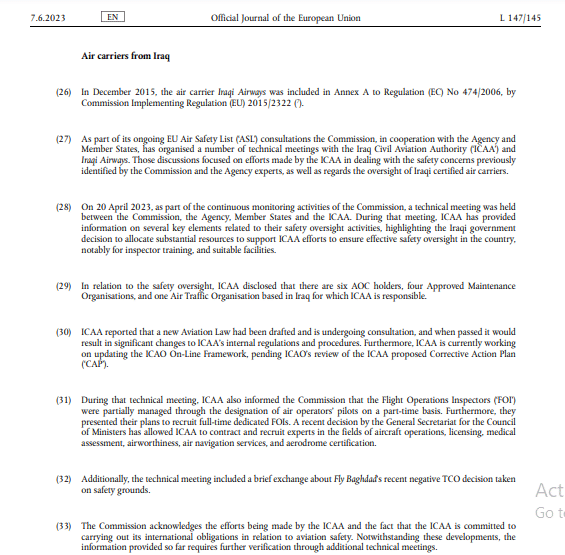 تقرير لجنة تنفيذ لائحة البلدان المحظورة من أجواء الاتحاد الأوروبي