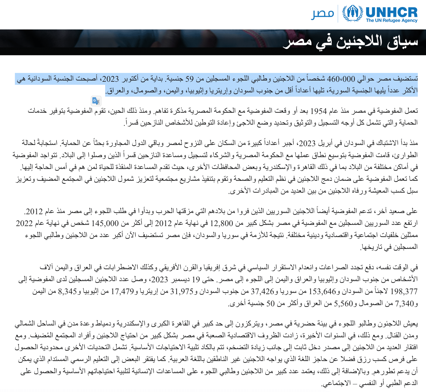 تقرير مفوضية شؤون اللاجئين عن عدد اللاجئين في مصر