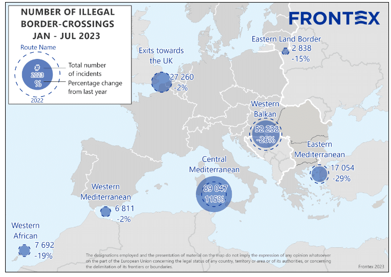 توزيع عدد الوافدين غير النظاميّين على دول الاتّحاد الأوروبي في 2023 عبر طرقات العبور 