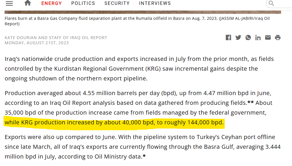 حجم إنتاج العراق وكردستان من النفط في يوليو 2023