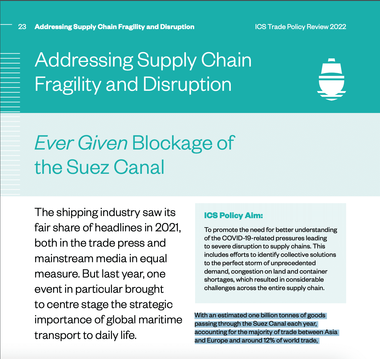حجم التجارة العالمية عبر قناة السويس - الغرفة الدولية للشحن البحري