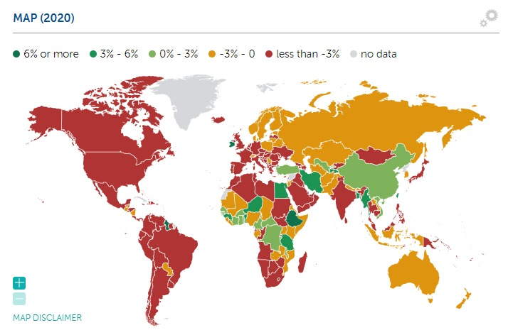 خارطة التغيّر السّنوي في نمّو الناتج المحلّي الاجماليّ الحقيقي في سنة 2020