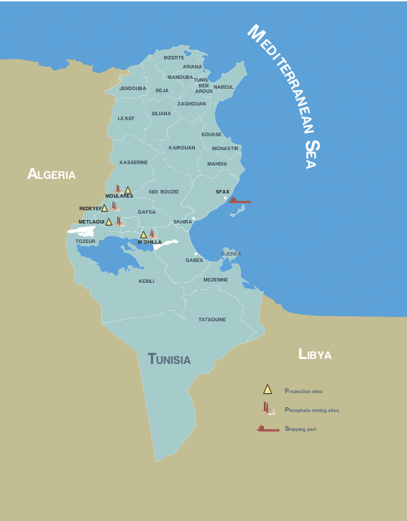 خريطة توزّع وحدات استخراج وإنتاج الفسفاط في تونس