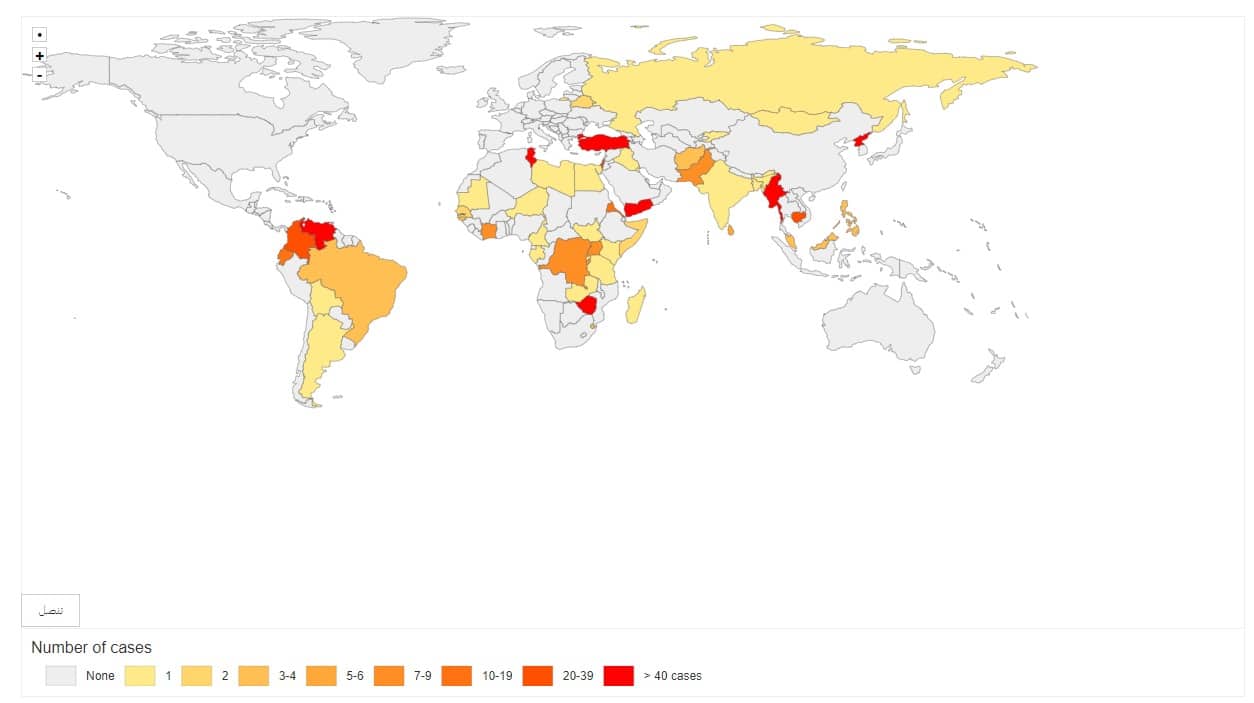 خريطة لعدد شكاوى النواب المقبولة لدى الاتحاد البرلماني الدولي حسب البلدان