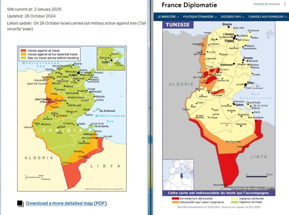 خريطتان لتونس منشورة في موقعي وزارتي الخارجية الفرنسية والبريطانية تحذران من السفر إلى المناطق الحدودية لتونس (اللون الأحمر)