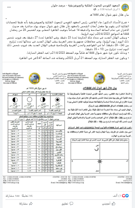 بيان المعهد القومي للبحوث الفلكية والجيوفيزيقية
