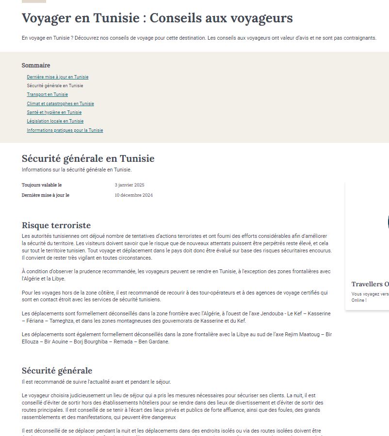 صورة نصائح السفر إلى تونس في موقع وزارة الخارجية البلجيكية