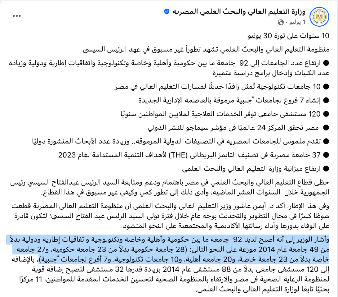 عدد الجامعات المصرية - وزارة التعليم العالي