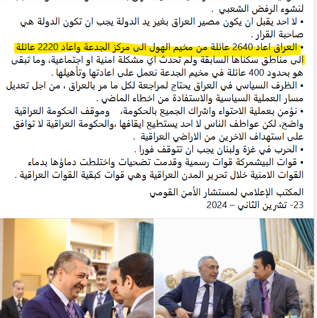 عدد العوائل التي استعادها العراق من مخيم الهول