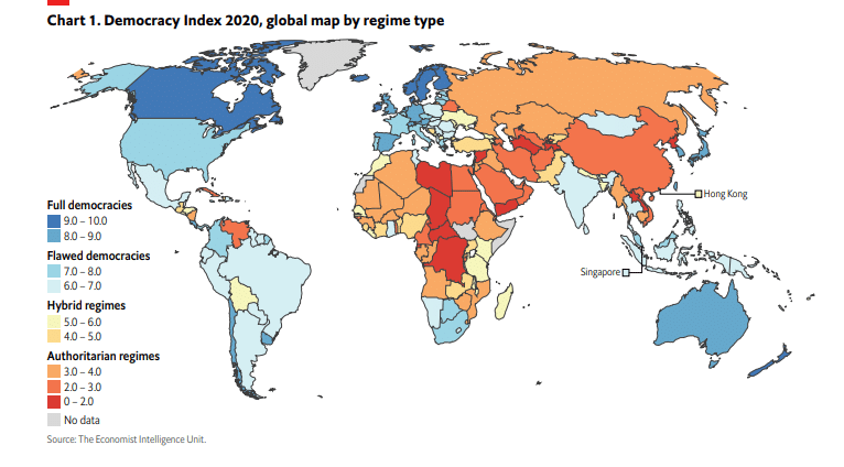 خريطة العالم وفقًا لمؤشر الديمقراطية