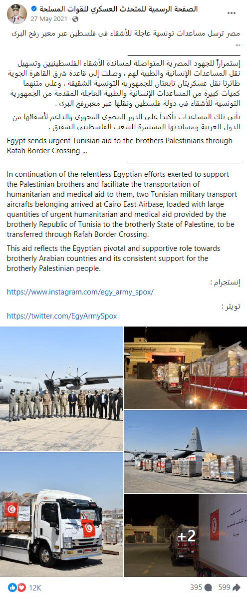 مصر تنقل مساعدات تونسيّة عاجلة لفلسطين عبر معبر رفح البريّ عام 2021