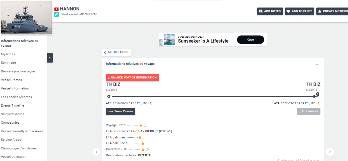 معلومات موقع مارينا ترافيك حول باخرة 611