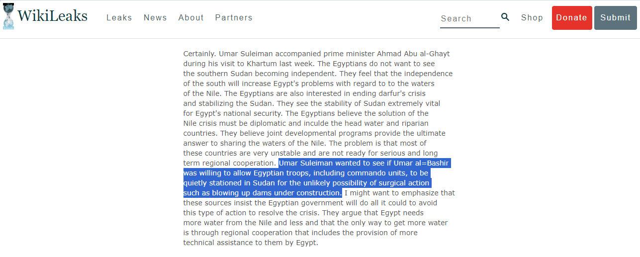 وثيقة مسربة من موقع ويكيليكس - سد النهضة