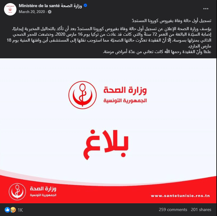 وزارة الصحة التونسية تسجل أول حالة وفاة بكورونا