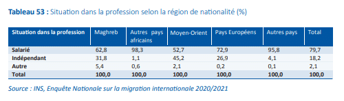 الوضعيات المهنية للمقيمين الأجانب حسب جنسياتهم