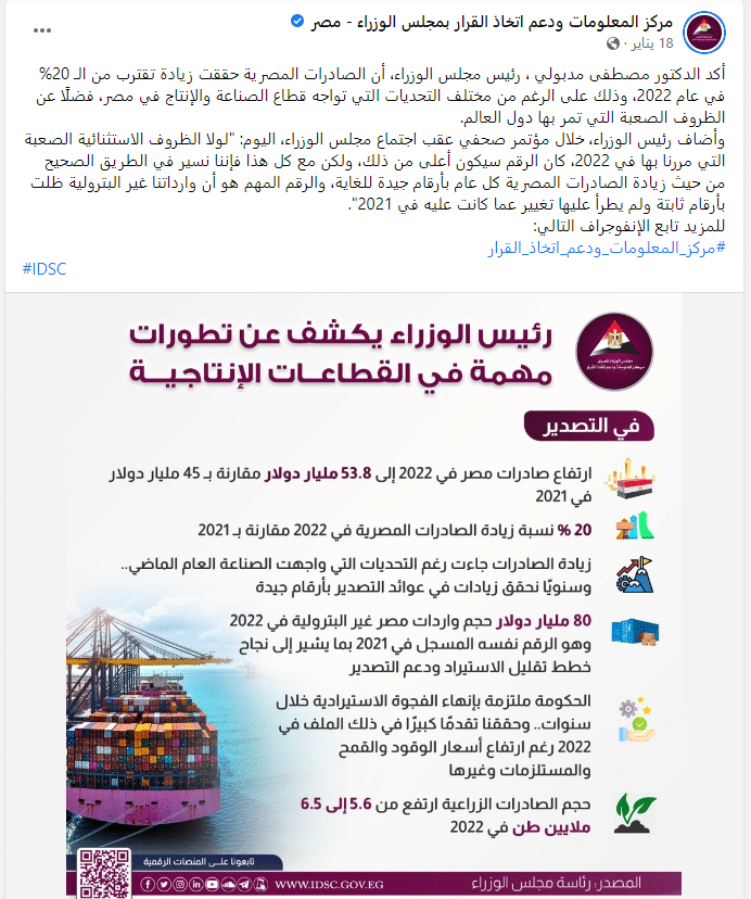 تصريحات رئيس الوزراء بشأن الصادرات المصرية