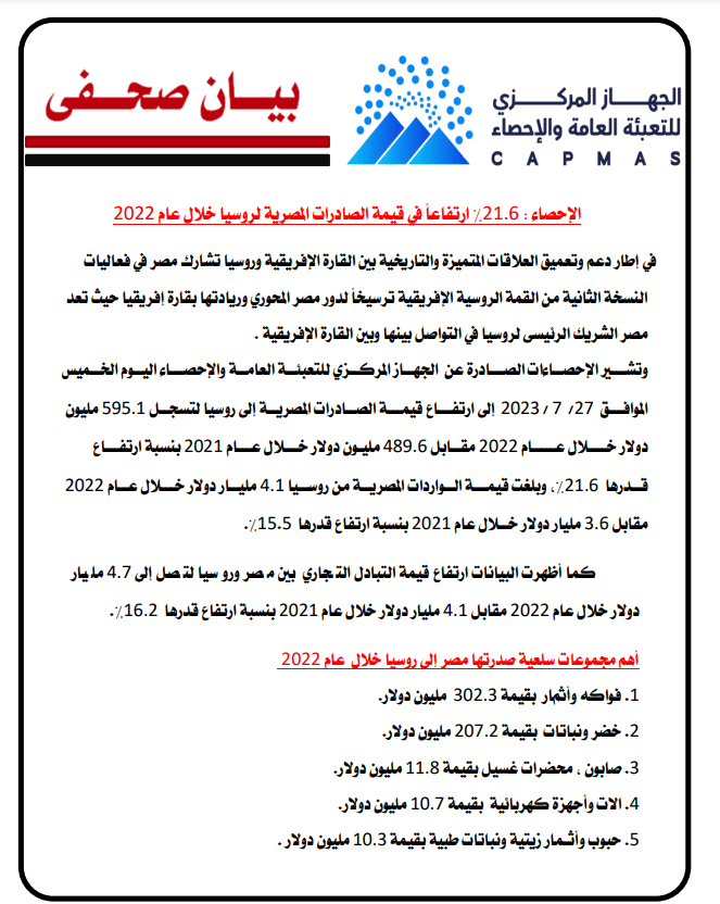 إحصاءات التبادل التجاري بين مصر وروسيا - جهاز الإحصاء