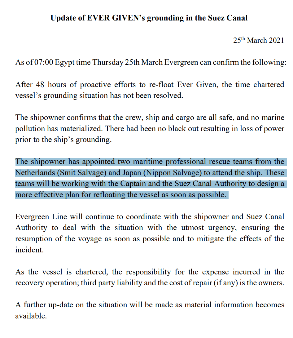 بيان إيفر جرين التايوانية عن مشاركات دولية في تعويم السفينة الجانحة